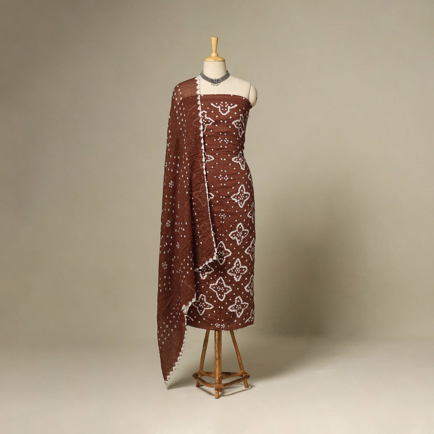 Brown - 3pc kutch tie-dye satin cotton unstitched bandhani