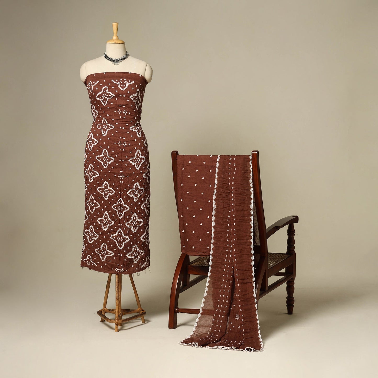 Brown - 3pc kutch tie-dye satin cotton unstitched bandhani