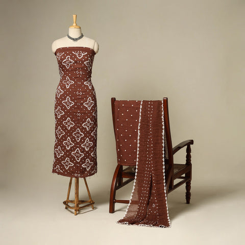 Brown - 3pc kutch tie-dye satin cotton unstitched bandhani