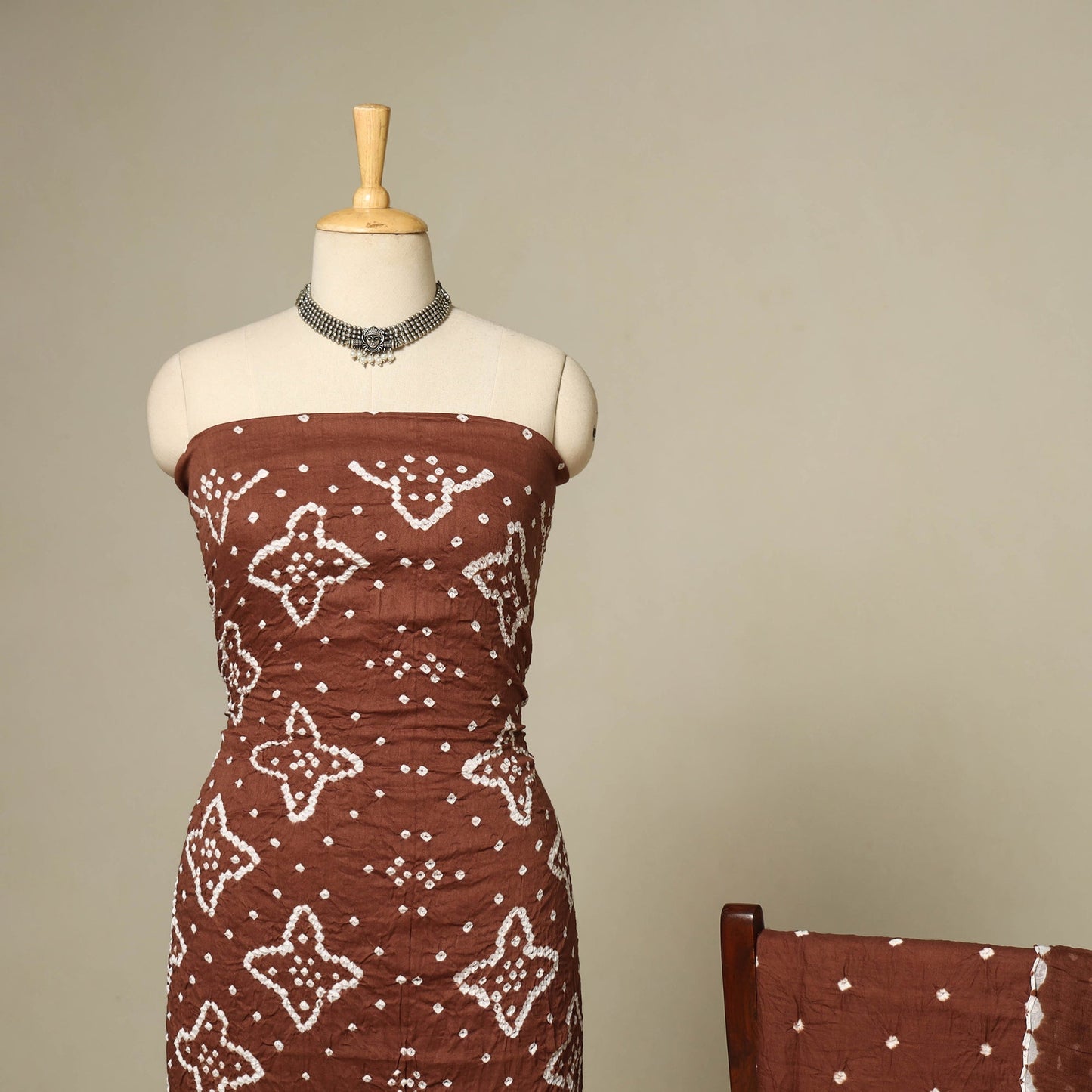 Brown - 3pc kutch tie-dye satin cotton unstitched bandhani