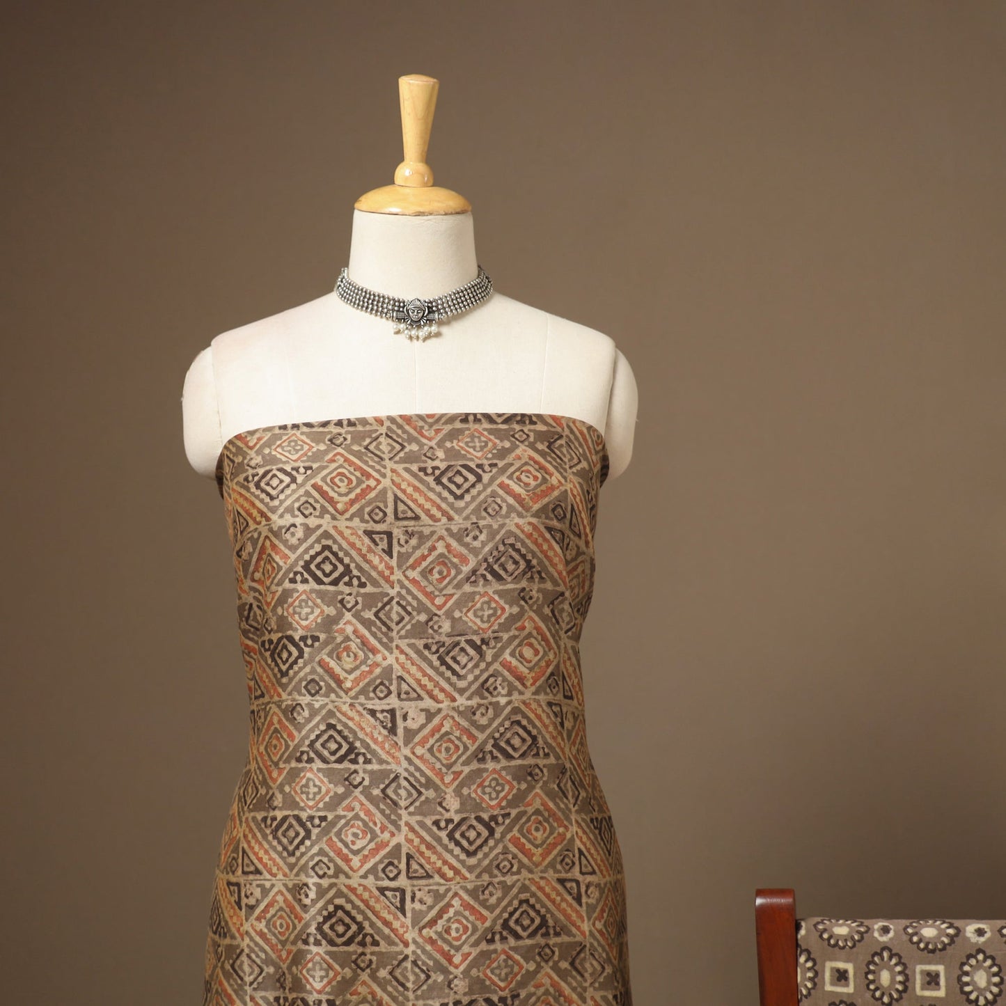 Brown 3pc Natural Dyed Maheshwari Silk Unstitched Vanaspati Jahota Dress Material