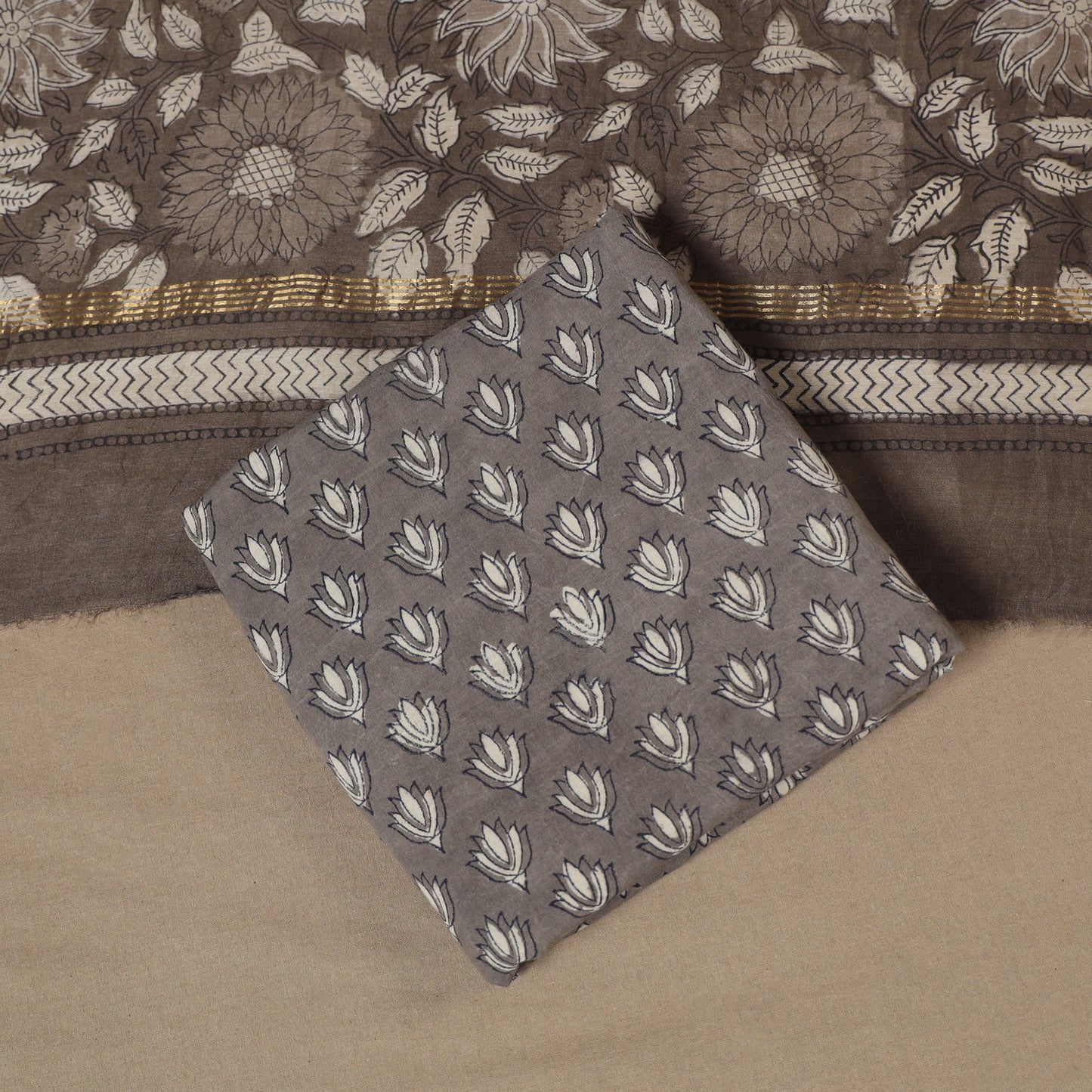 Brown 3pc Natural Dyed Maheshwari Silk Unstitched Vanaspati Jahota Dress Material