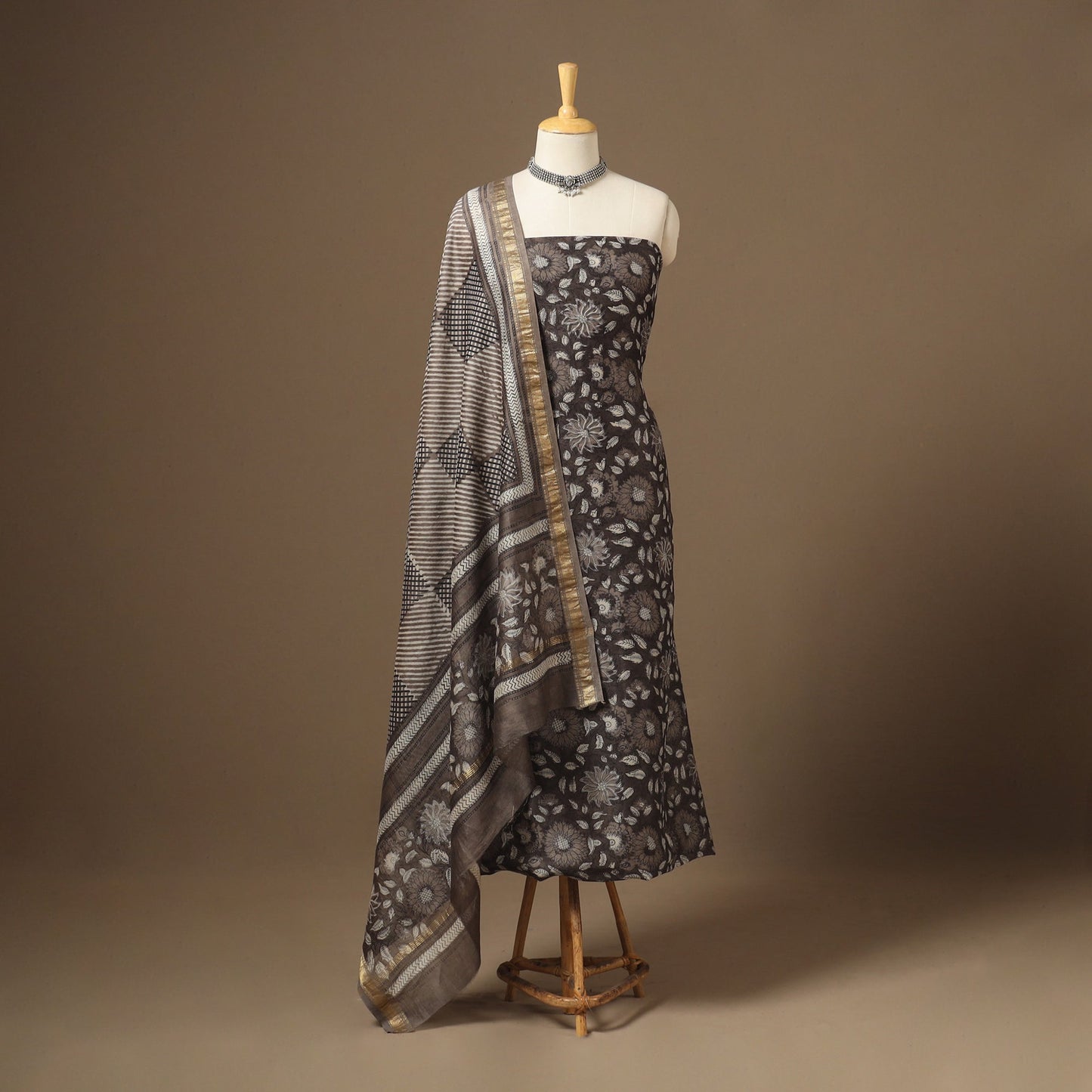 Brown 3pc Natural Dyed Maheshwari Silk Unstitched Vanaspati Jahota Dress Material