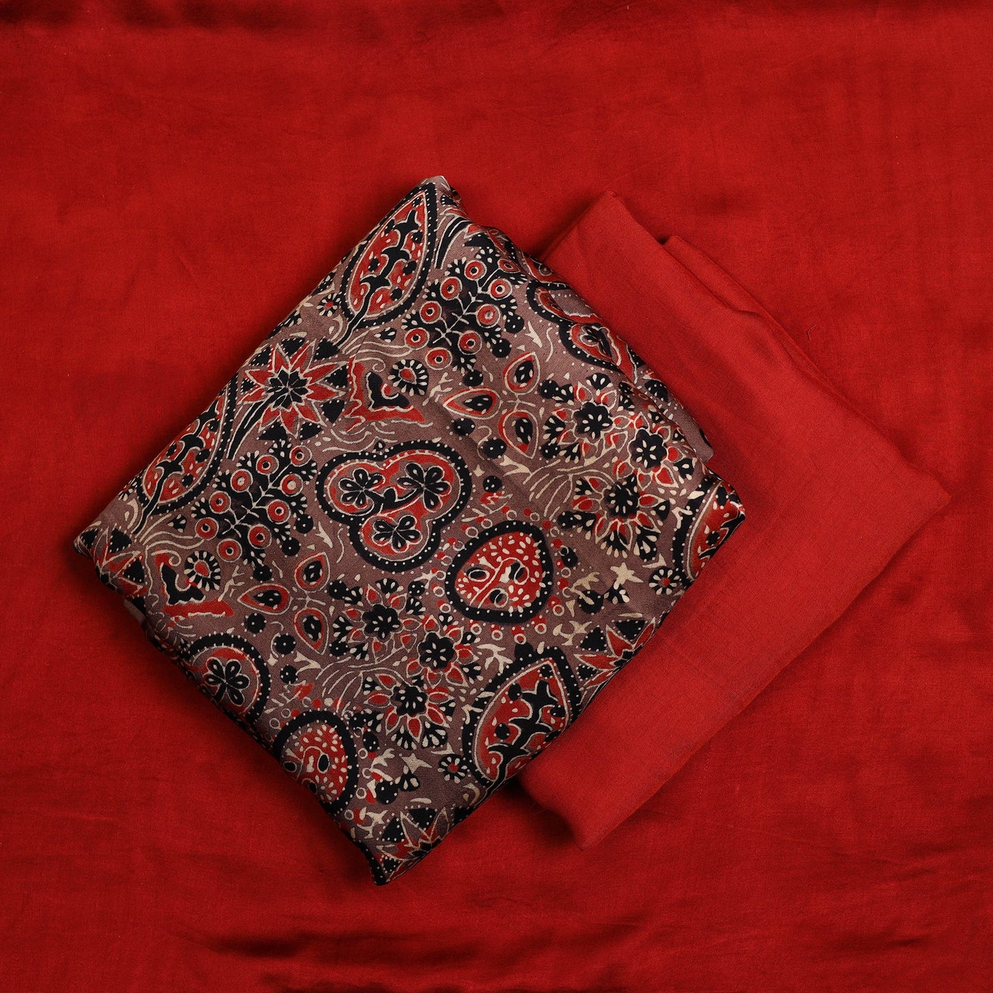 3pc Brown Natural Dyed Modal Silk Ajrakh Print Kurta Material Set