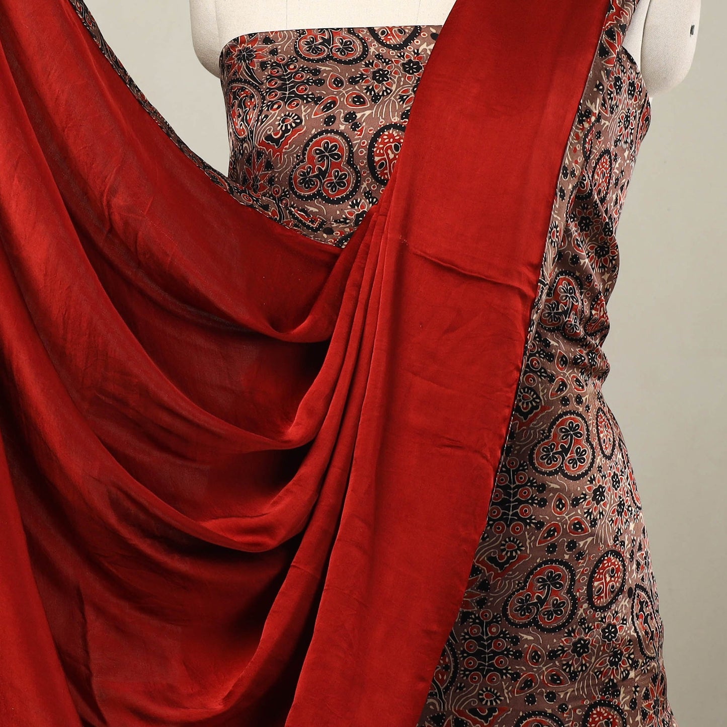 3pc Brown Natural Dyed Modal Silk Ajrakh Print Kurta Material Set