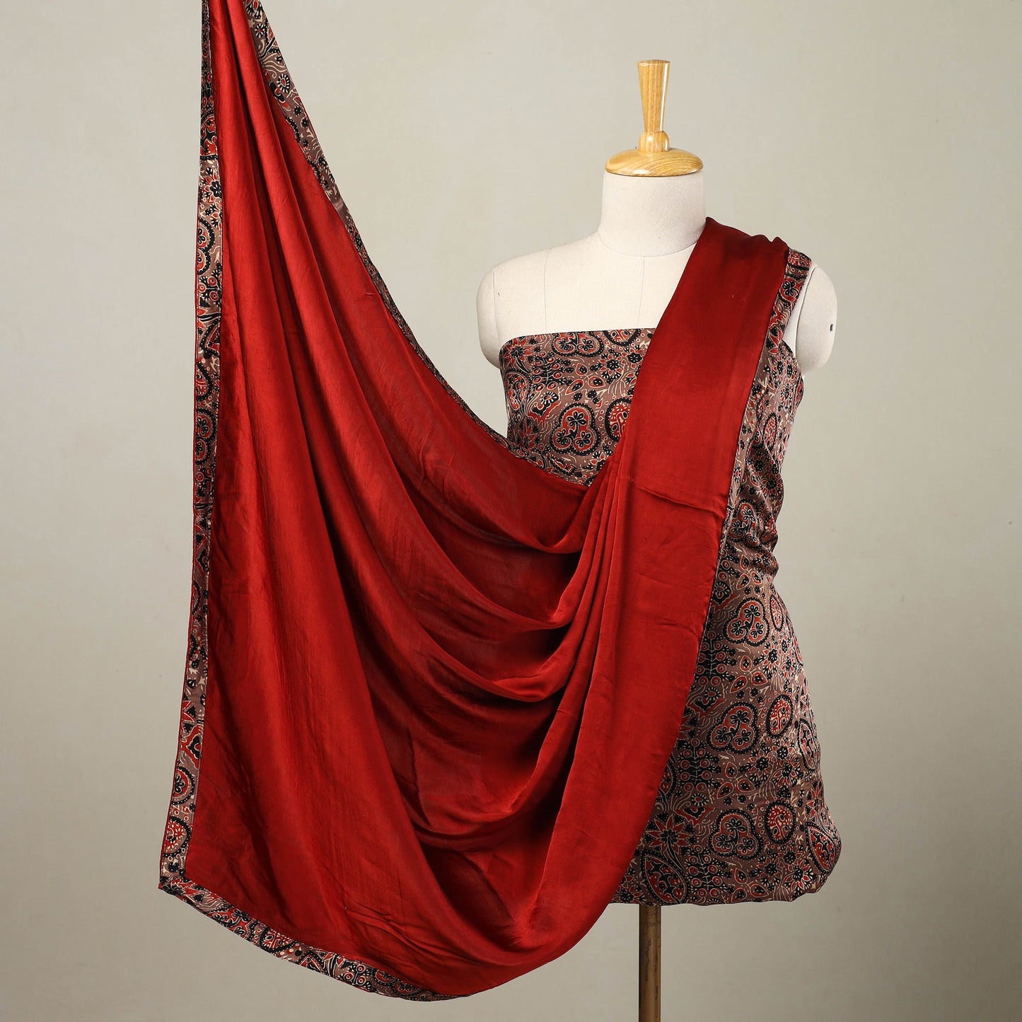 3pc Brown Natural Dyed Modal Silk Ajrakh Print Kurta Material Set