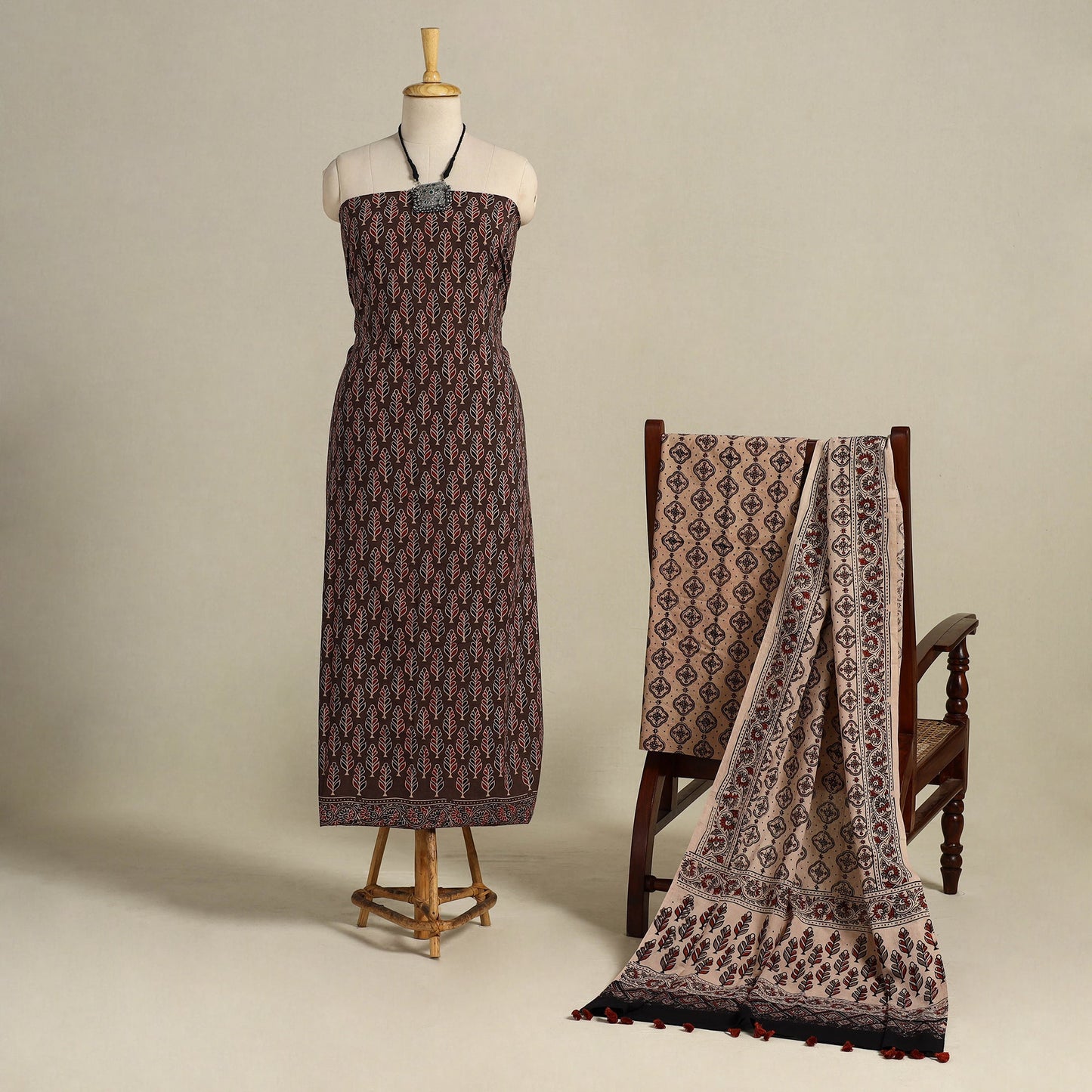 Brown 3pc Block Print Natural Dyed Ajrakh Dress Material