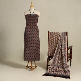 Brown 3pc Block Print Natural Dyed Ajrakh Dress Material