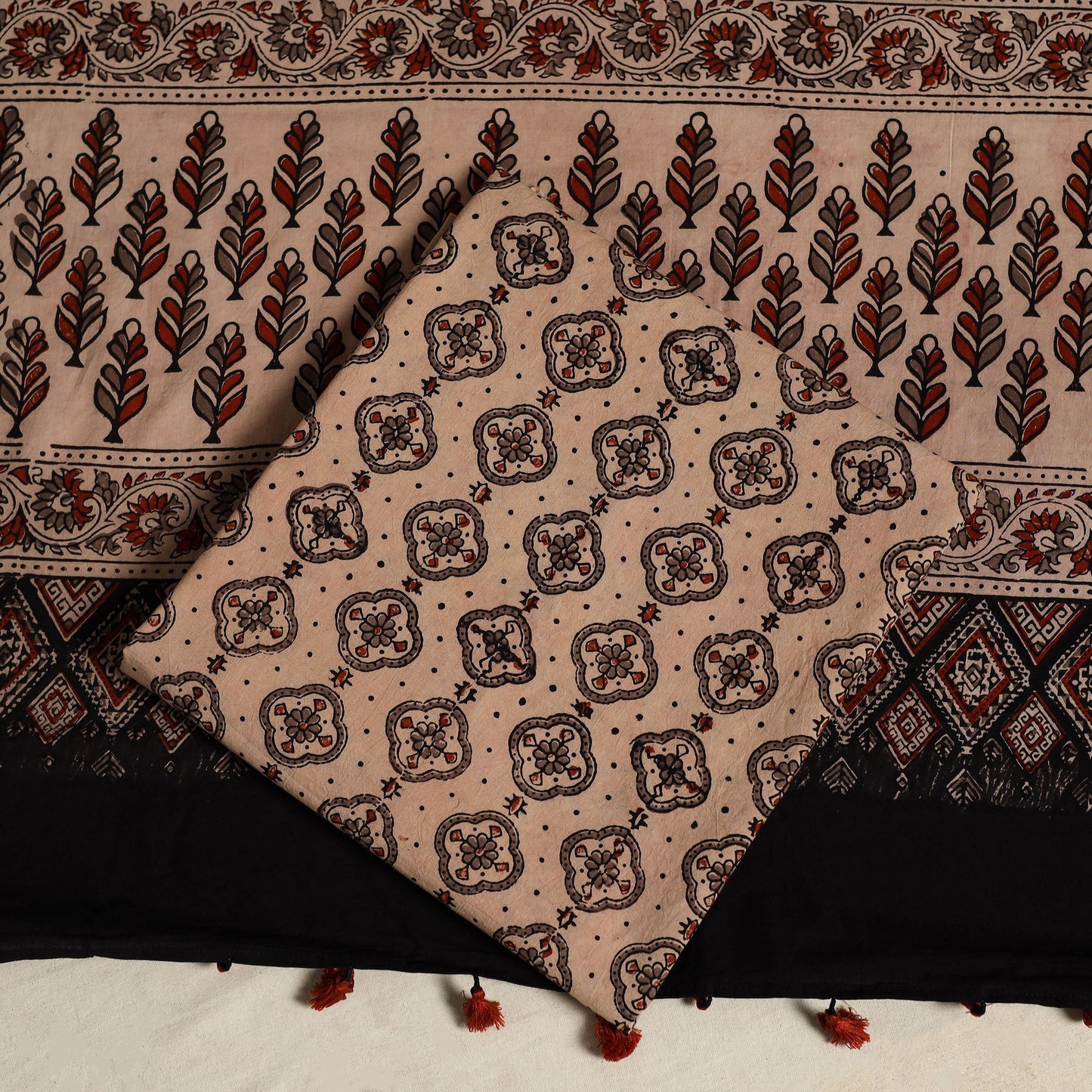 Brown 3pc Block Print Natural Dyed Ajrakh Dress Material
