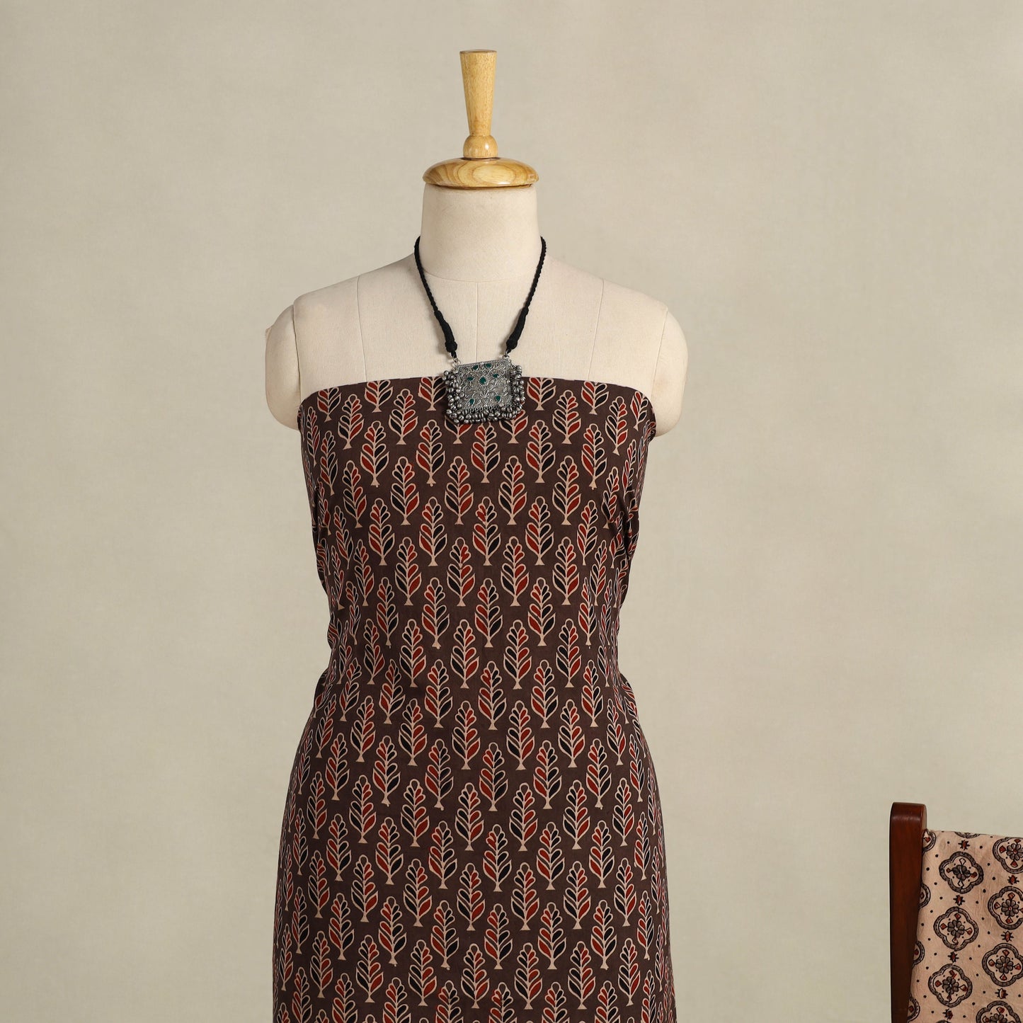 Brown 3pc Block Print Natural Dyed Ajrakh Dress Material