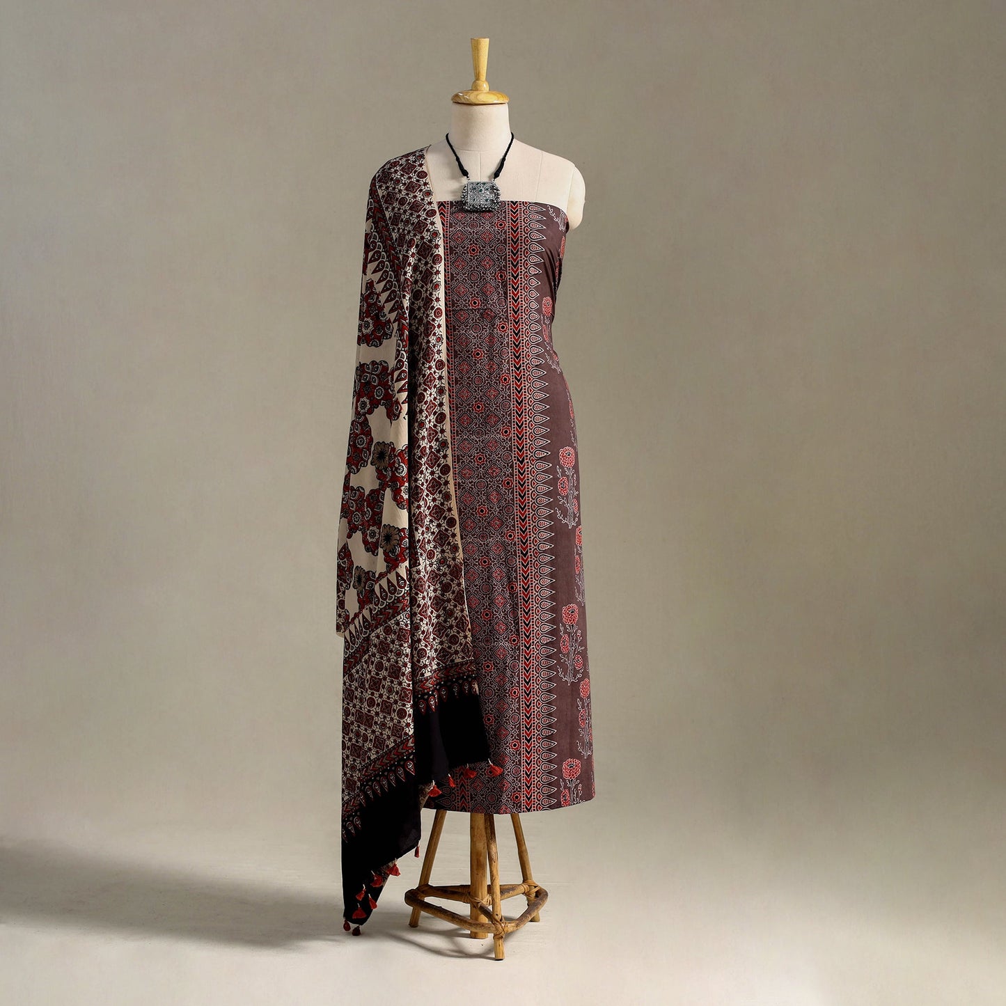 Brown 3pc Block Print Natural Dyed Ajrakh Dress Material