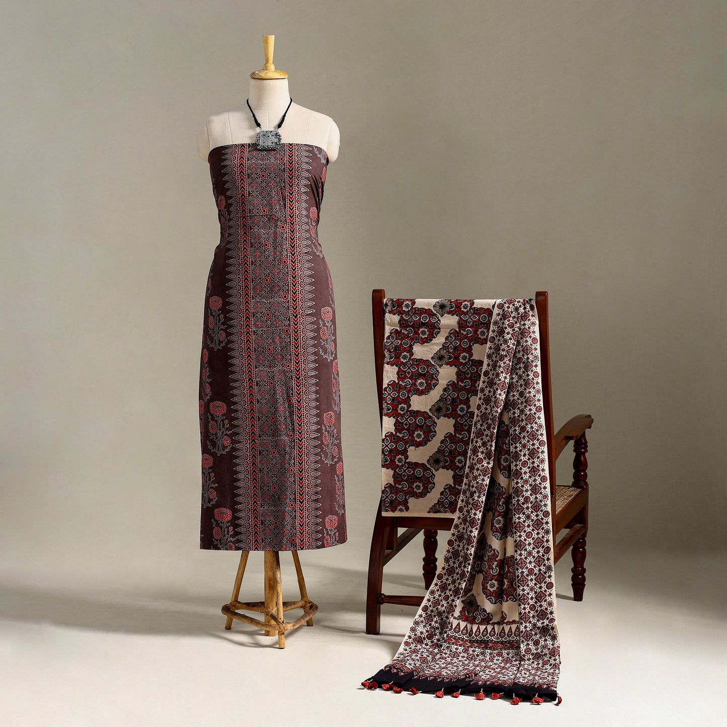Brown 3pc Block Print Natural Dyed Ajrakh Dress Material