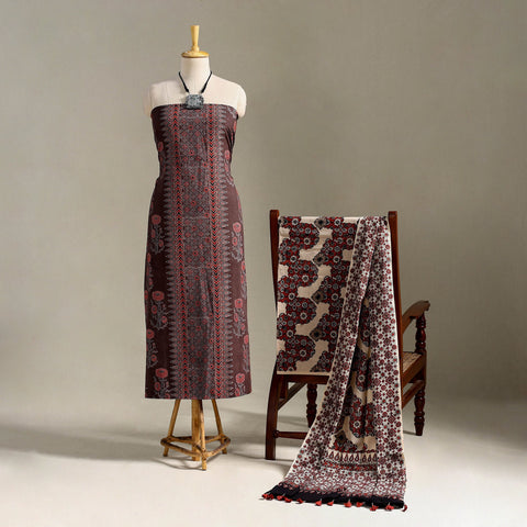 Brown 3pc Block Print Natural Dyed Ajrakh Dress Material