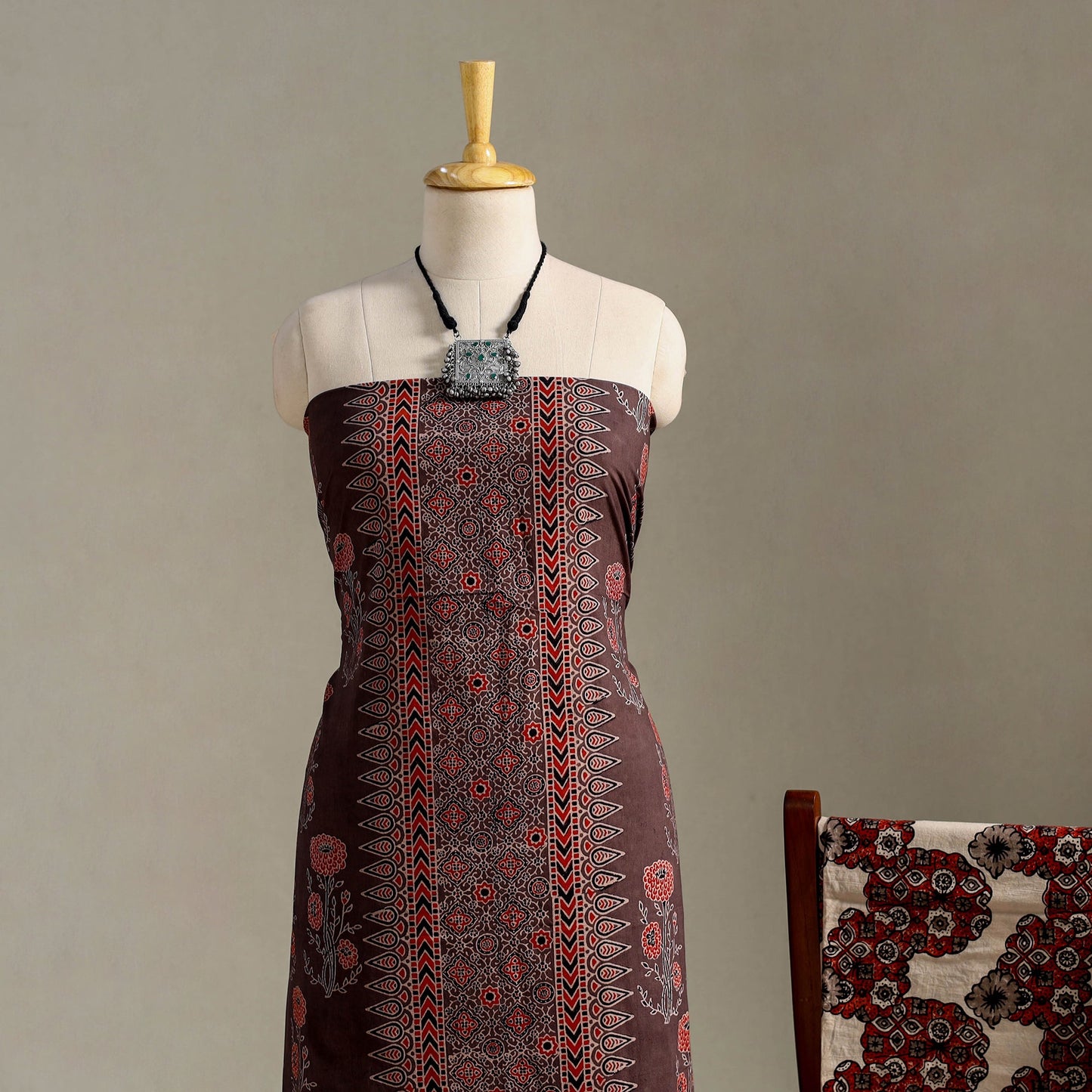 Brown 3pc Block Print Natural Dyed Ajrakh Dress Material