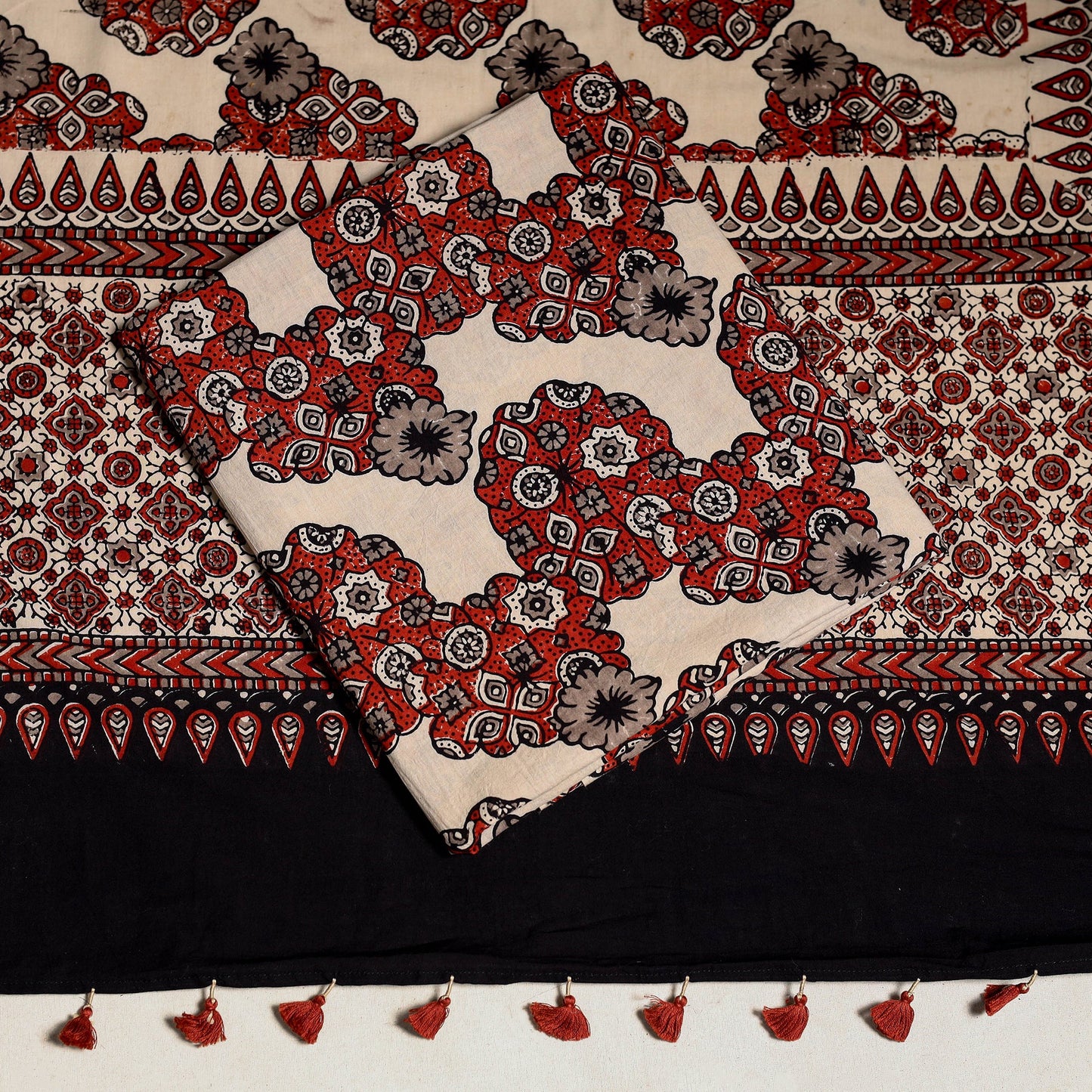 Brown 3pc Block Print Natural Dyed Ajrakh Dress Material