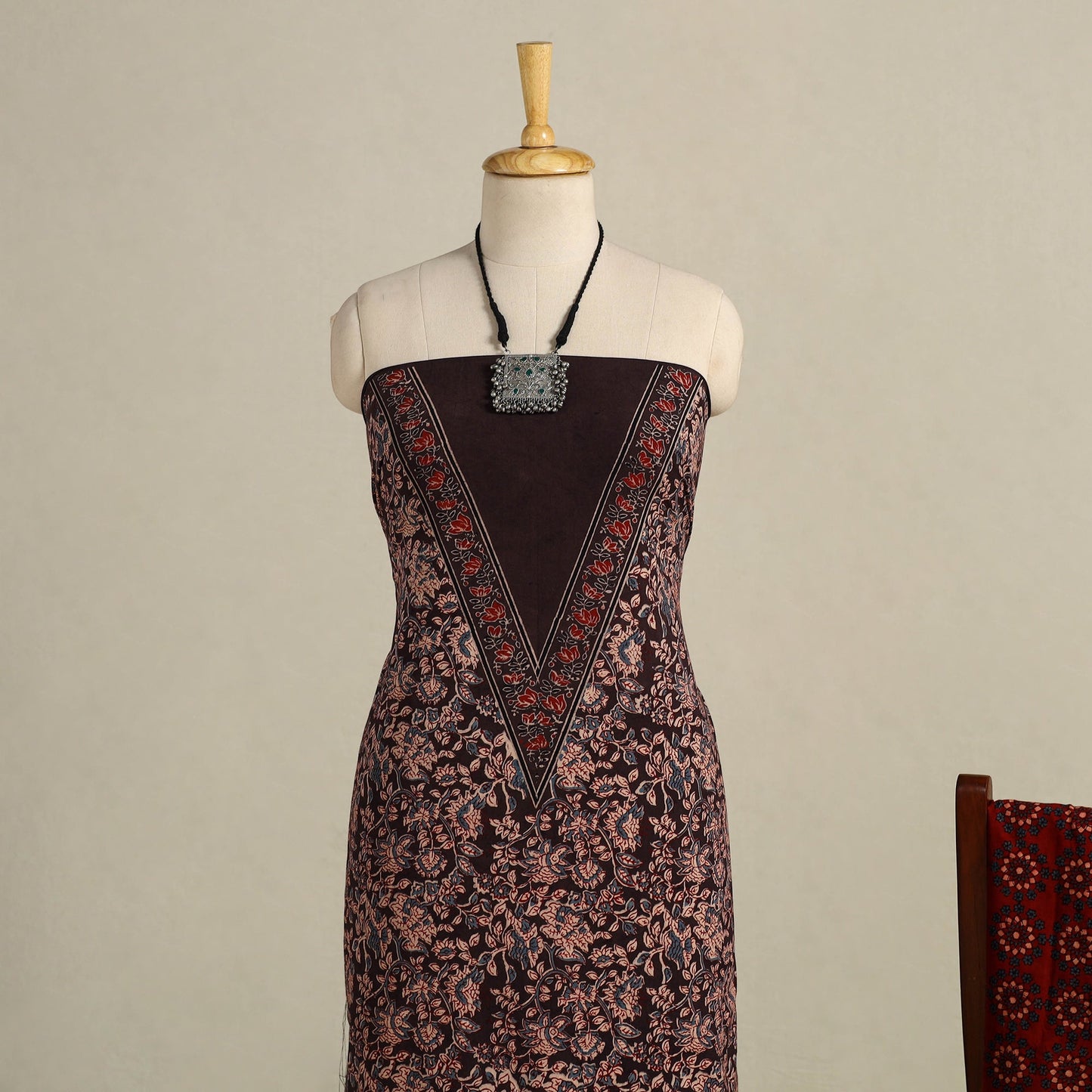 Brown 3pc Block Print Natural Dyed Ajrakh Dress Material