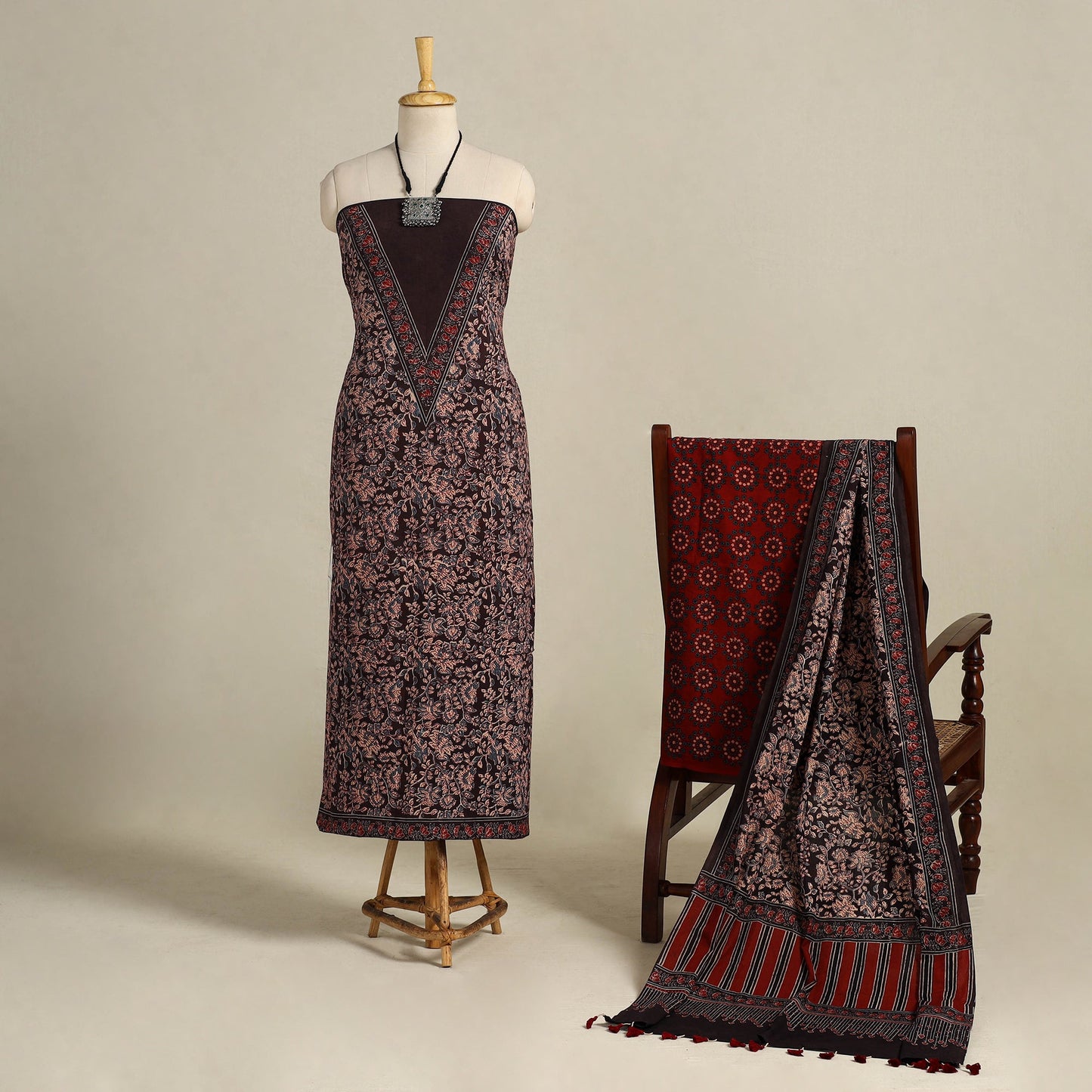 Brown 3pc Block Print Natural Dyed Ajrakh Dress Material
