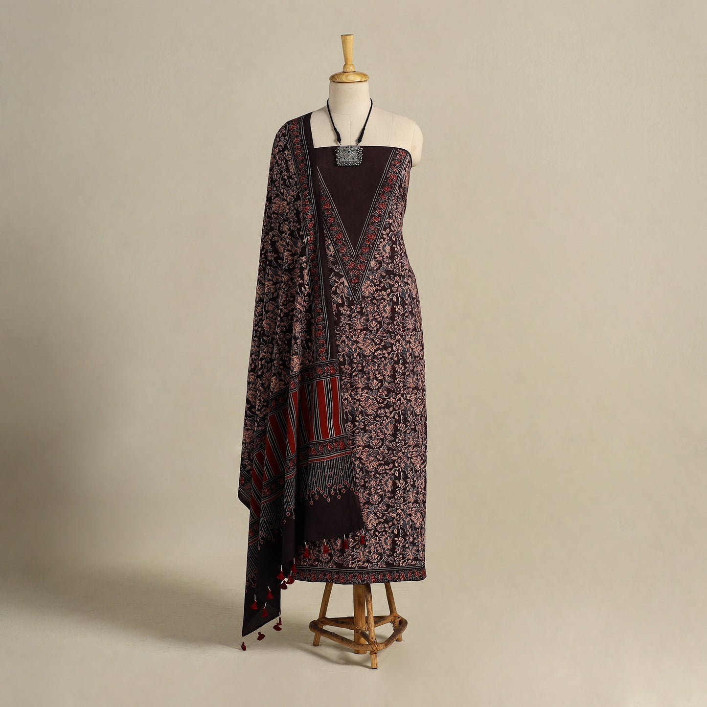 Brown 3pc Block Print Natural Dyed Ajrakh Dress Material