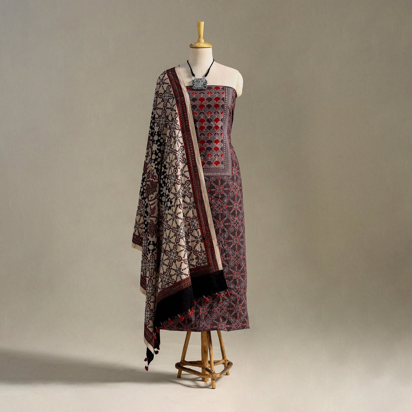 Brown 3pc Block Print Natural Dyed Ajrakh Dress Material