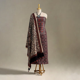 Brown 3pc Block Print Natural Dyed Ajrakh Dress Material