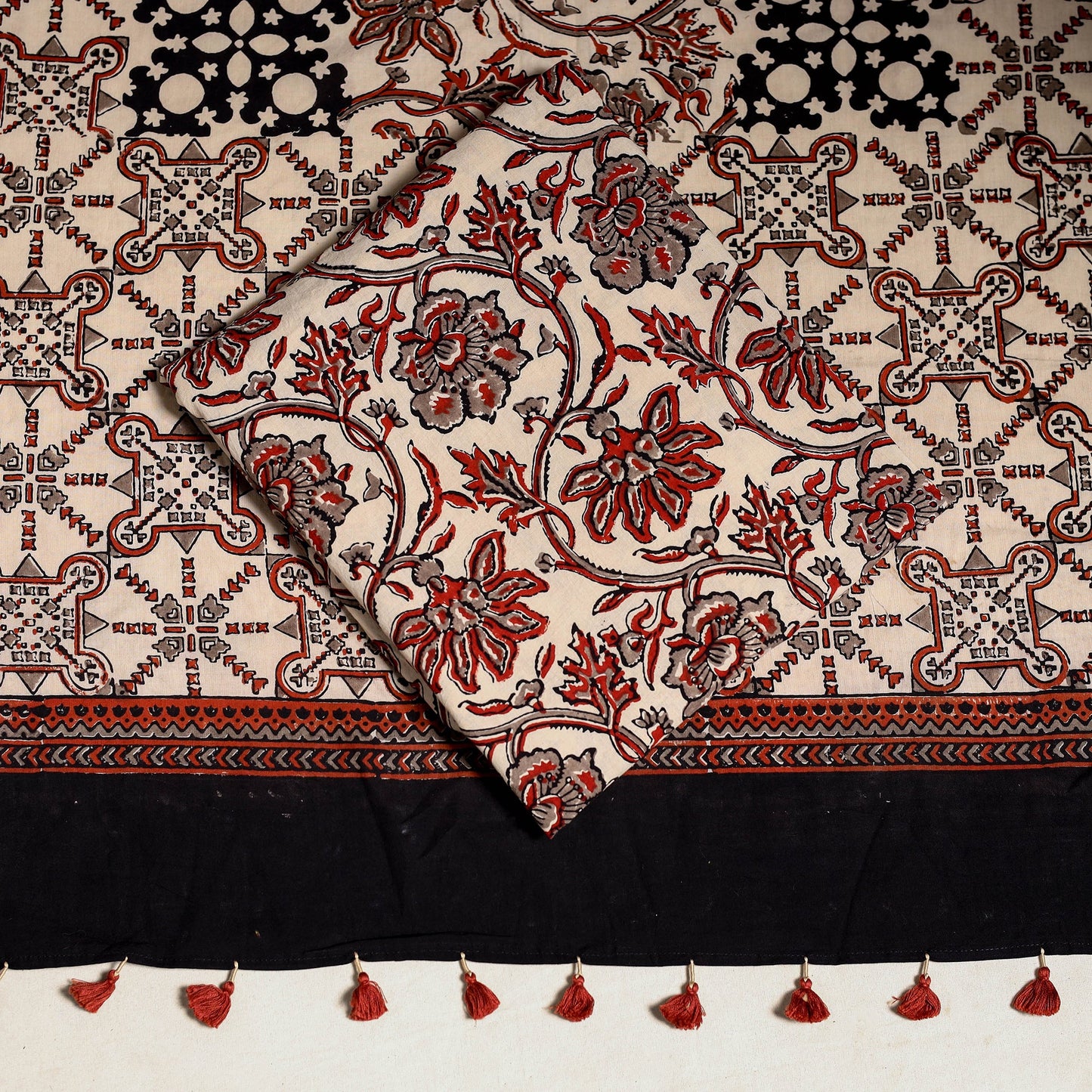 Brown 3pc Block Print Natural Dyed Ajrakh Dress Material