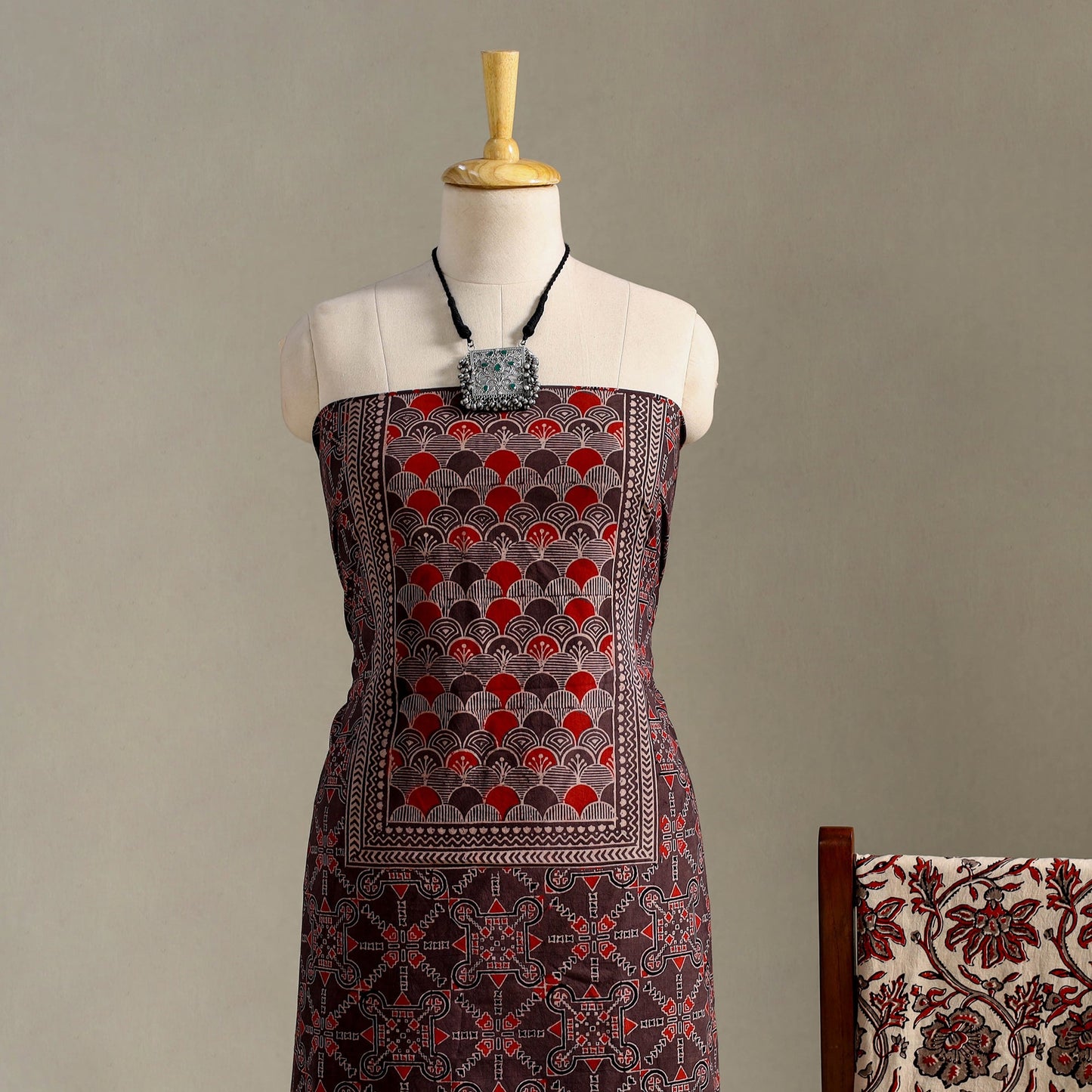 Brown 3pc Block Print Natural Dyed Ajrakh Dress Material