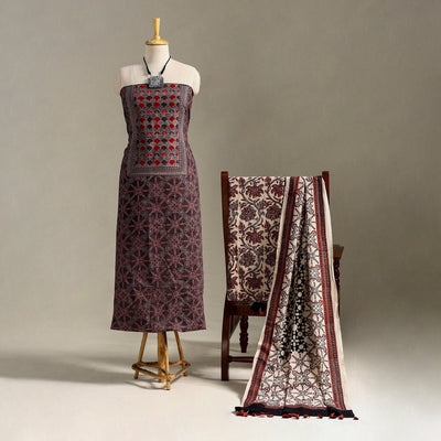 Brown 3pc Block Print Natural Dyed Ajrakh Dress Material
