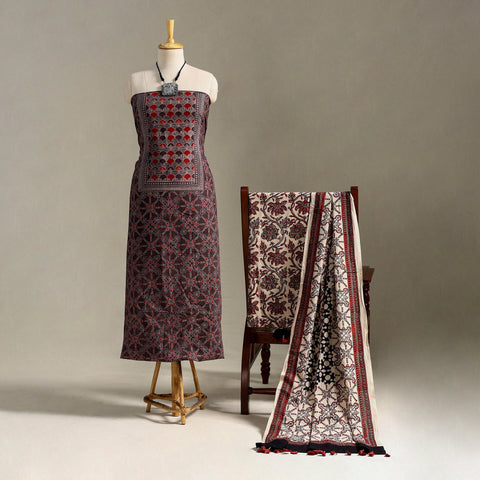 Brown 3pc Block Print Natural Dyed Ajrakh Dress Material