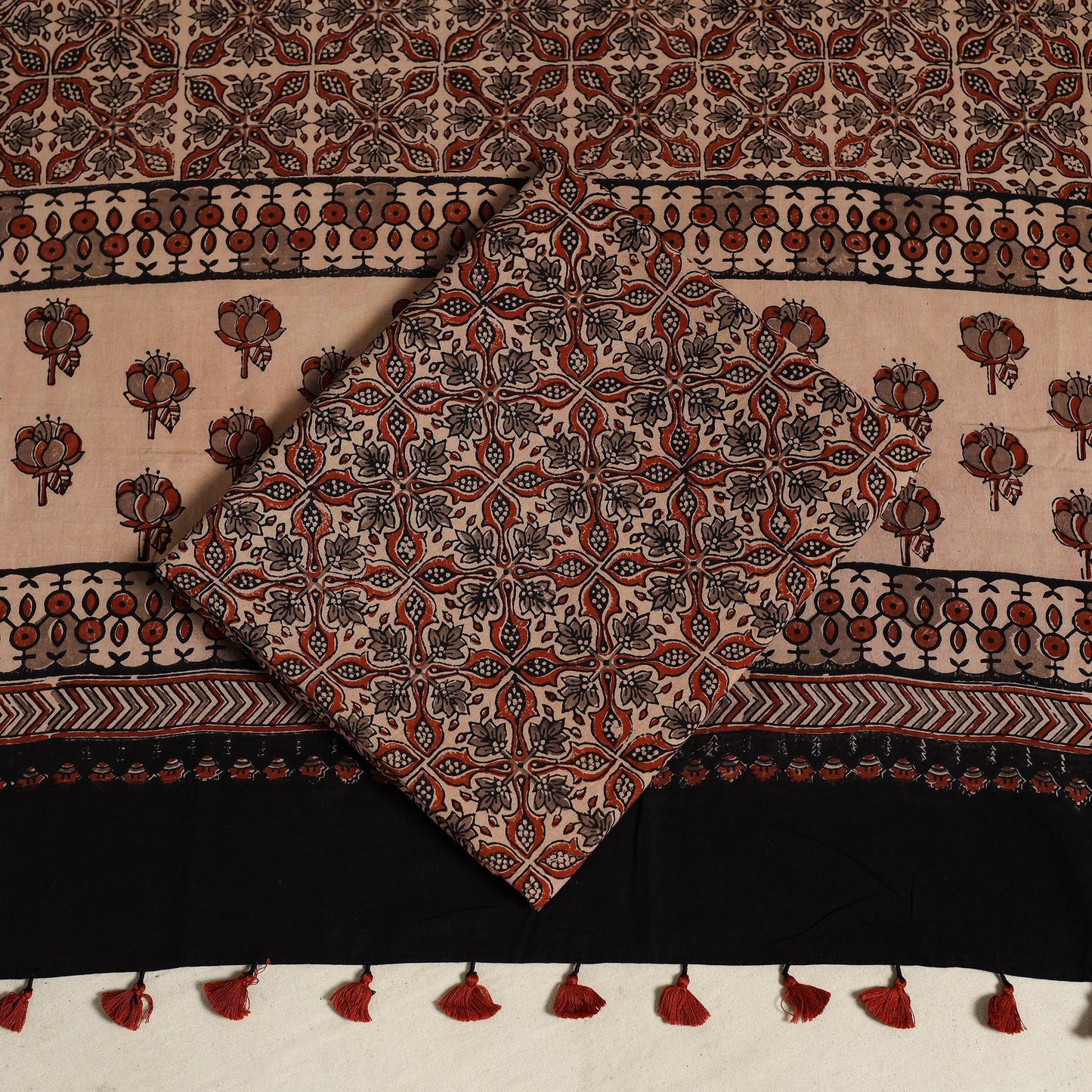 Brown 3pc Block Print Natural Dyed Ajrakh Dress Material