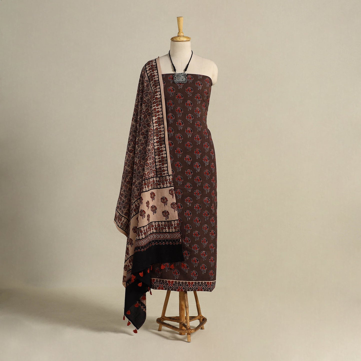 Brown 3pc Block Print Natural Dyed Ajrakh Dress Material