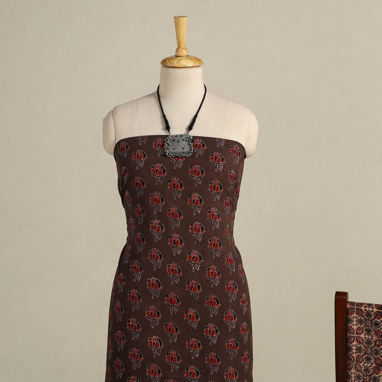 Brown 3pc Block Print Natural Dyed Ajrakh Dress Material