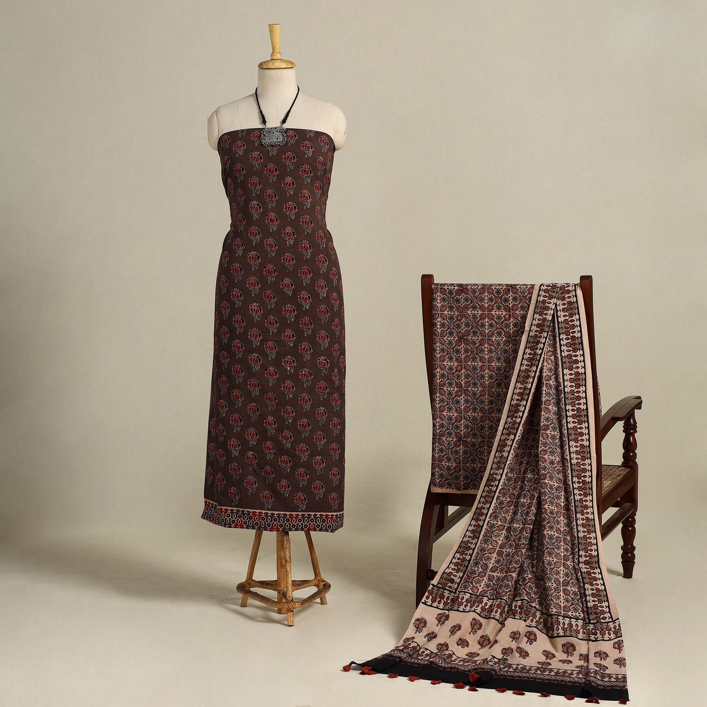 Brown 3pc Block Print Natural Dyed Ajrakh Dress Material