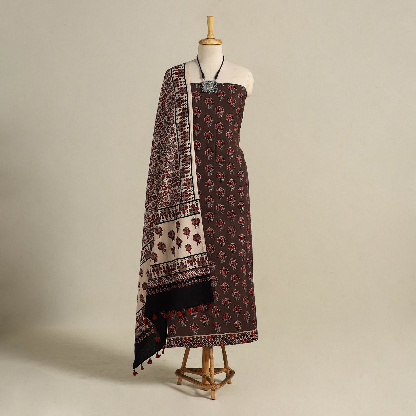 Brown 3pc Block Print Natural Dyed Ajrakh Dress Material