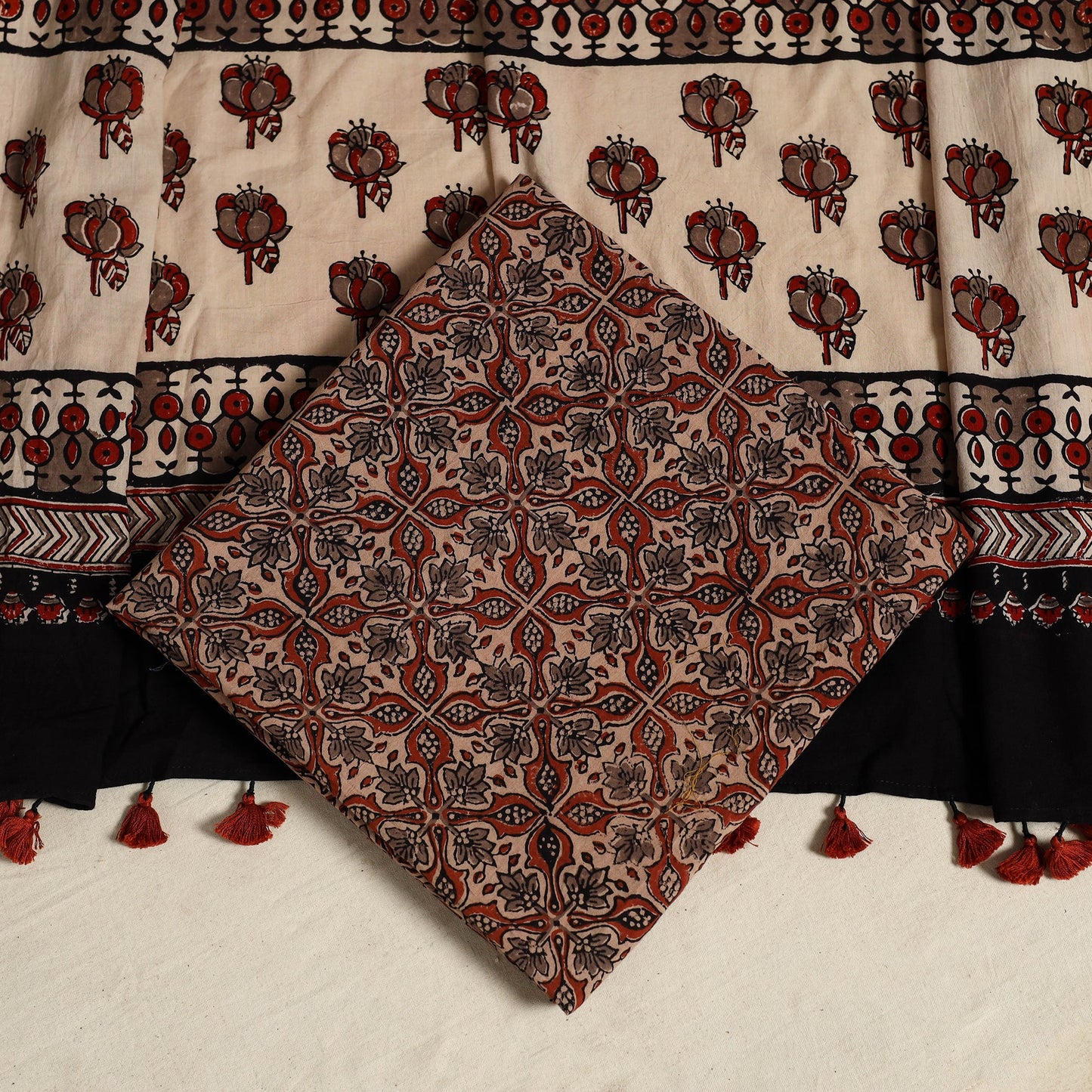 Brown 3pc Block Print Natural Dyed Ajrakh Dress Material