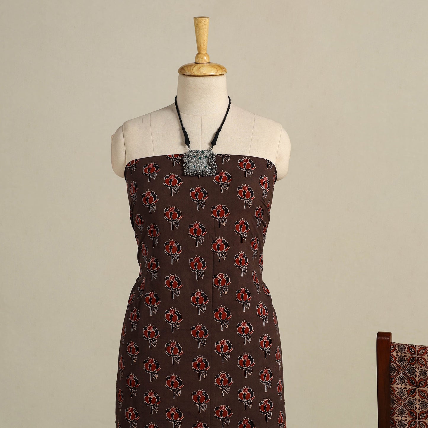 Brown 3pc Block Print Natural Dyed Ajrakh Dress Material