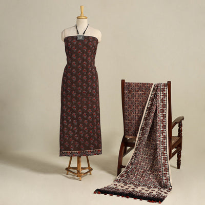 Brown 3pc Block Print Natural Dyed Ajrakh Dress Material