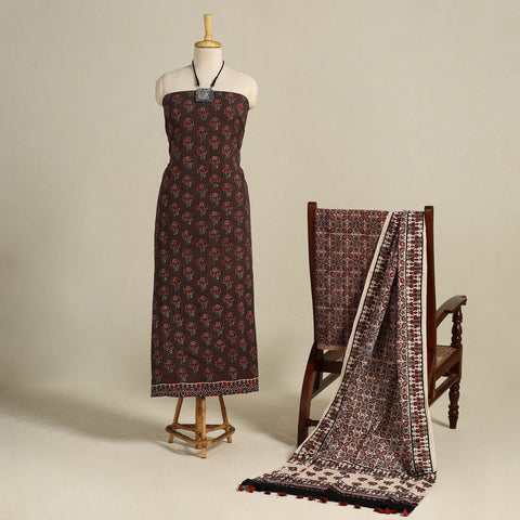 Brown 3pc Block Print Natural Dyed Ajrakh Dress Material
