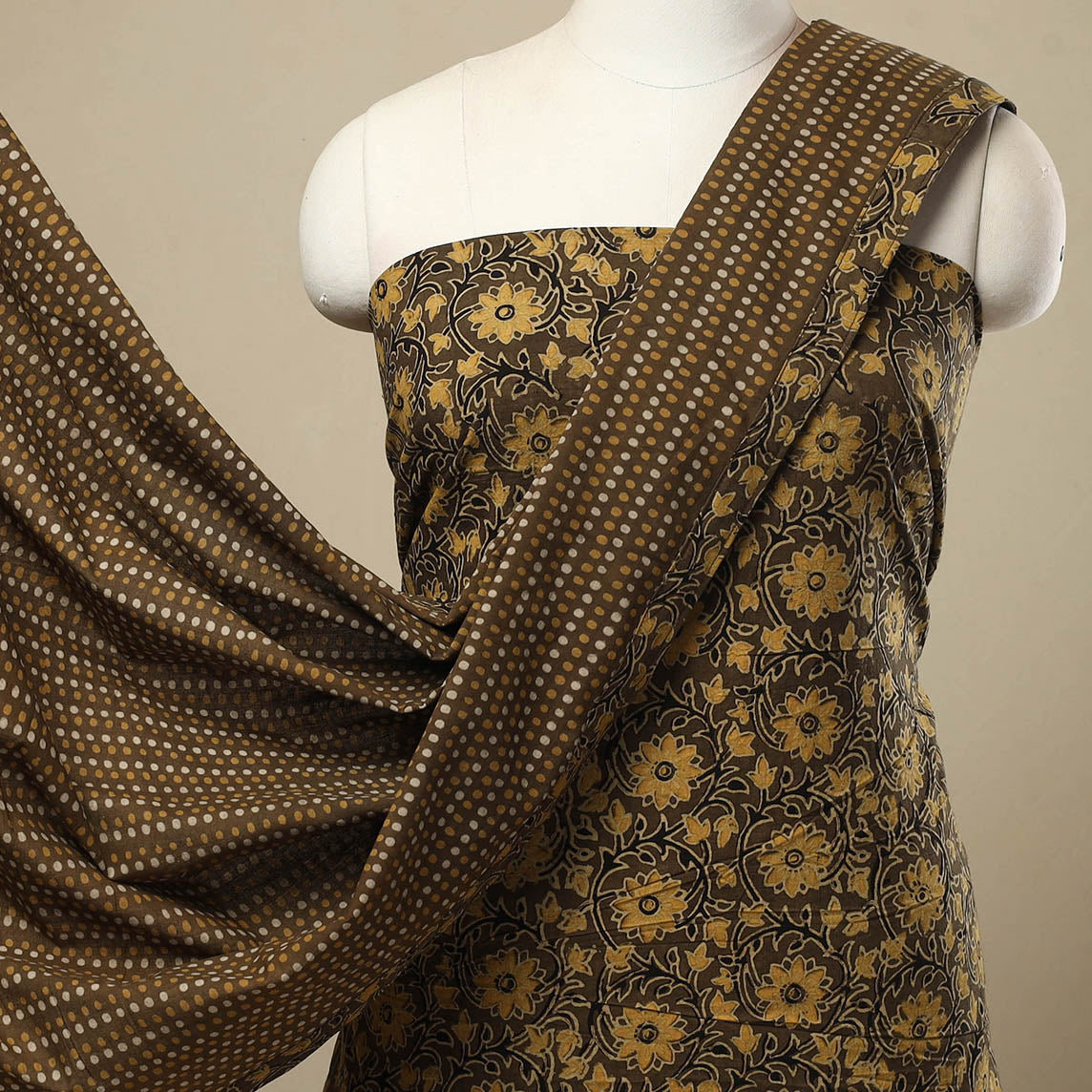 3pc Brown Natural Dyed Ajrakh Print Kurta Material Set