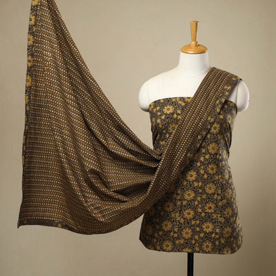 3pc Brown Natural Dyed Ajrakh Print Kurta Material Set