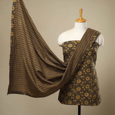 3pc Brown Natural Dyed Ajrakh Print Kurta Material Set