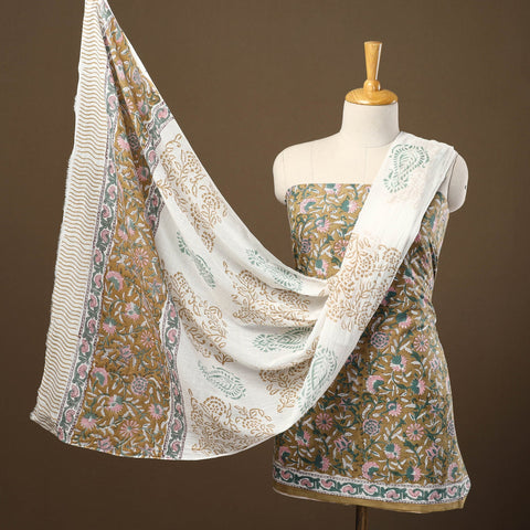 Buy Brown 3pc Sanganeri Block Print Cotton Dress Material