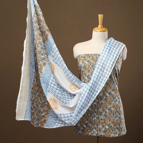 Buy Brown 3pc Sanganeri Block Print Cotton Dress Material