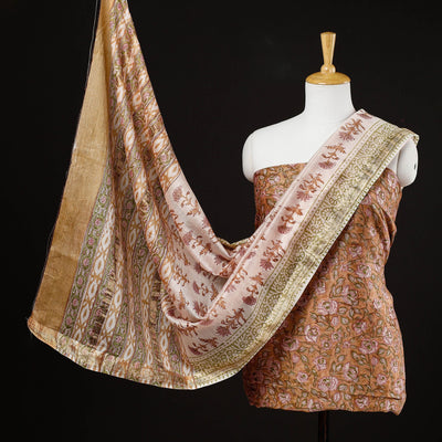Buy 3pc Sanganeri Block Printed Maheshwari Silk Suit Material Set Online at iTokri.com