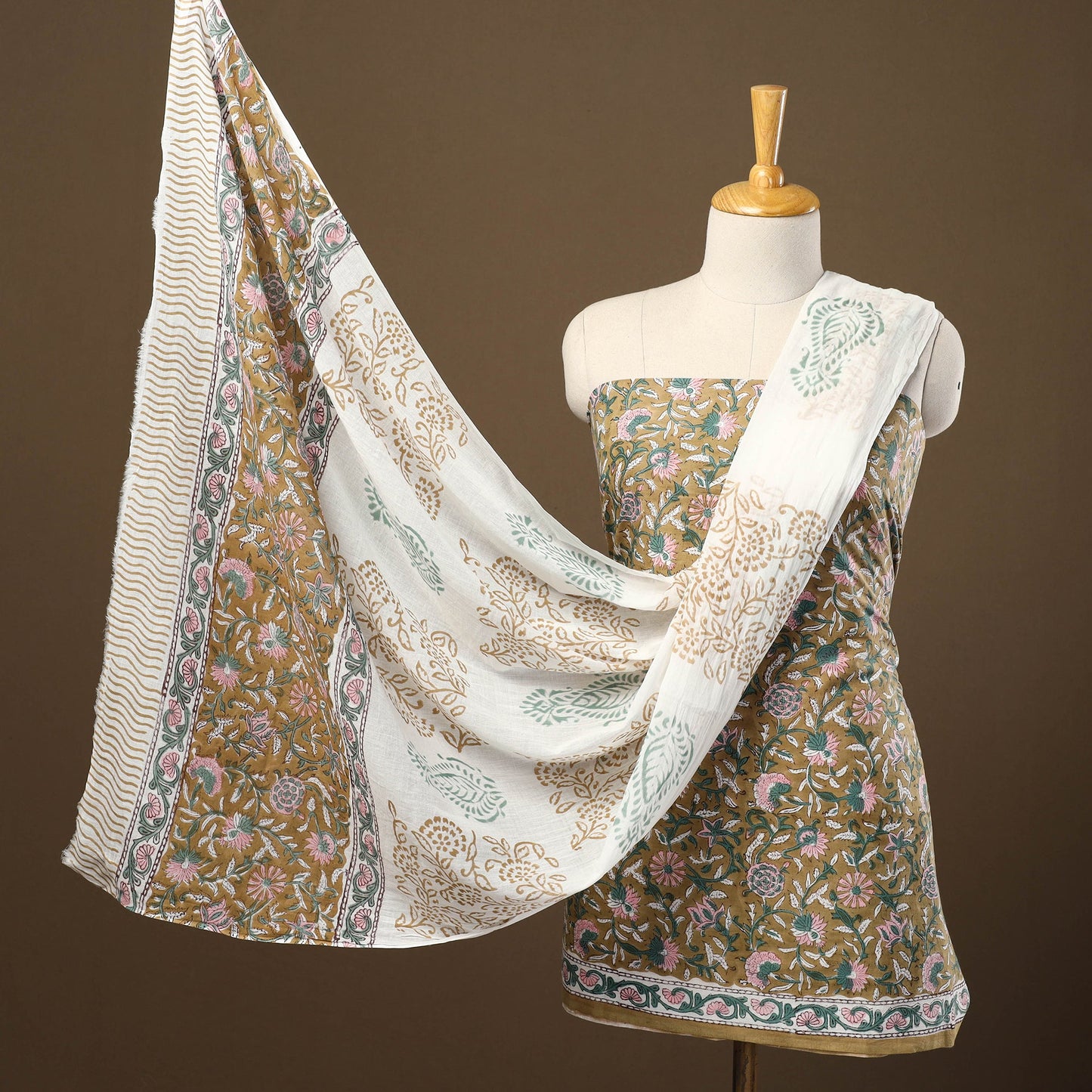 Buy Brown 3pc Sanganeri Block Print Cotton Dress Material