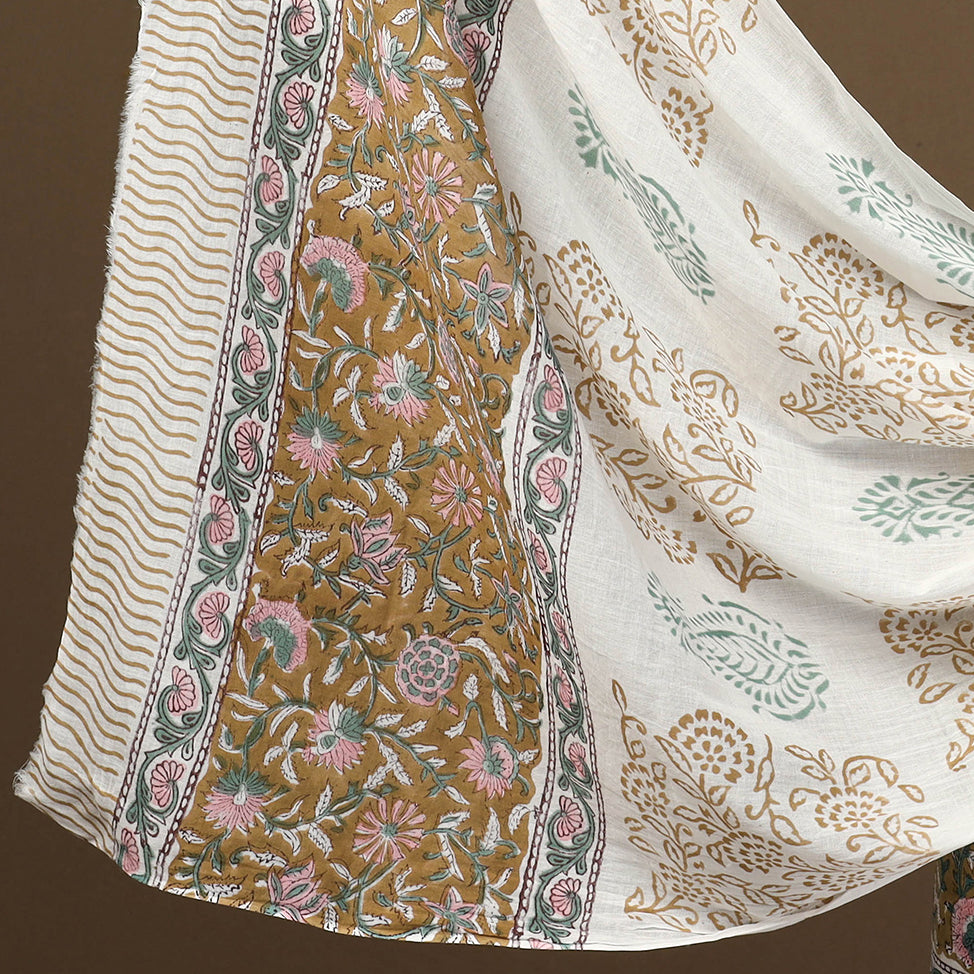 Buy Brown 3pc Sanganeri Block Print Cotton Dress Material