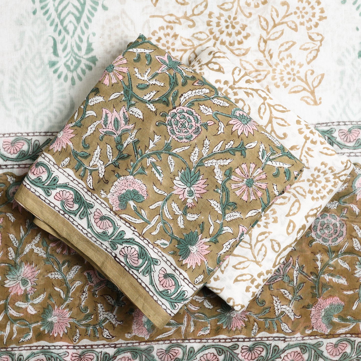 Buy Brown 3pc Sanganeri Block Print Cotton Dress Material