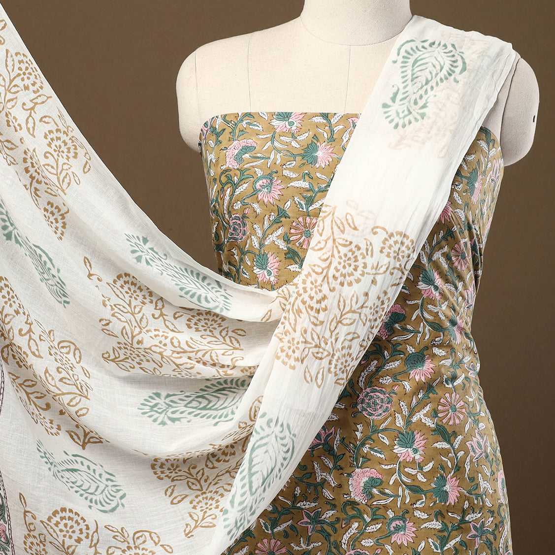 Buy Brown 3pc Sanganeri Block Print Cotton Dress Material