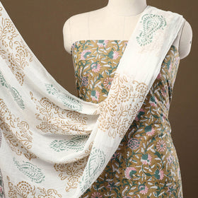 Buy Brown 3pc Sanganeri Block Print Cotton Dress Material