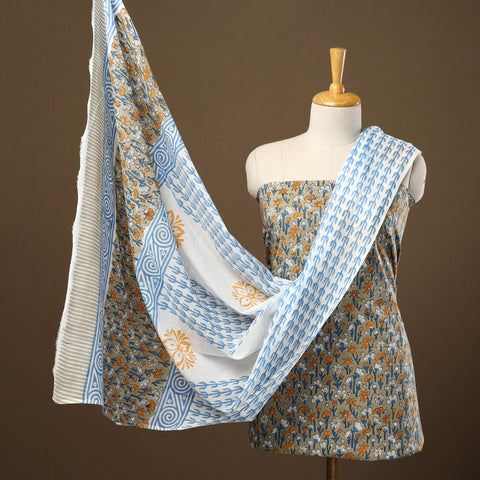 Buy Brown 3pc Sanganeri Block Print Cotton Dress Material