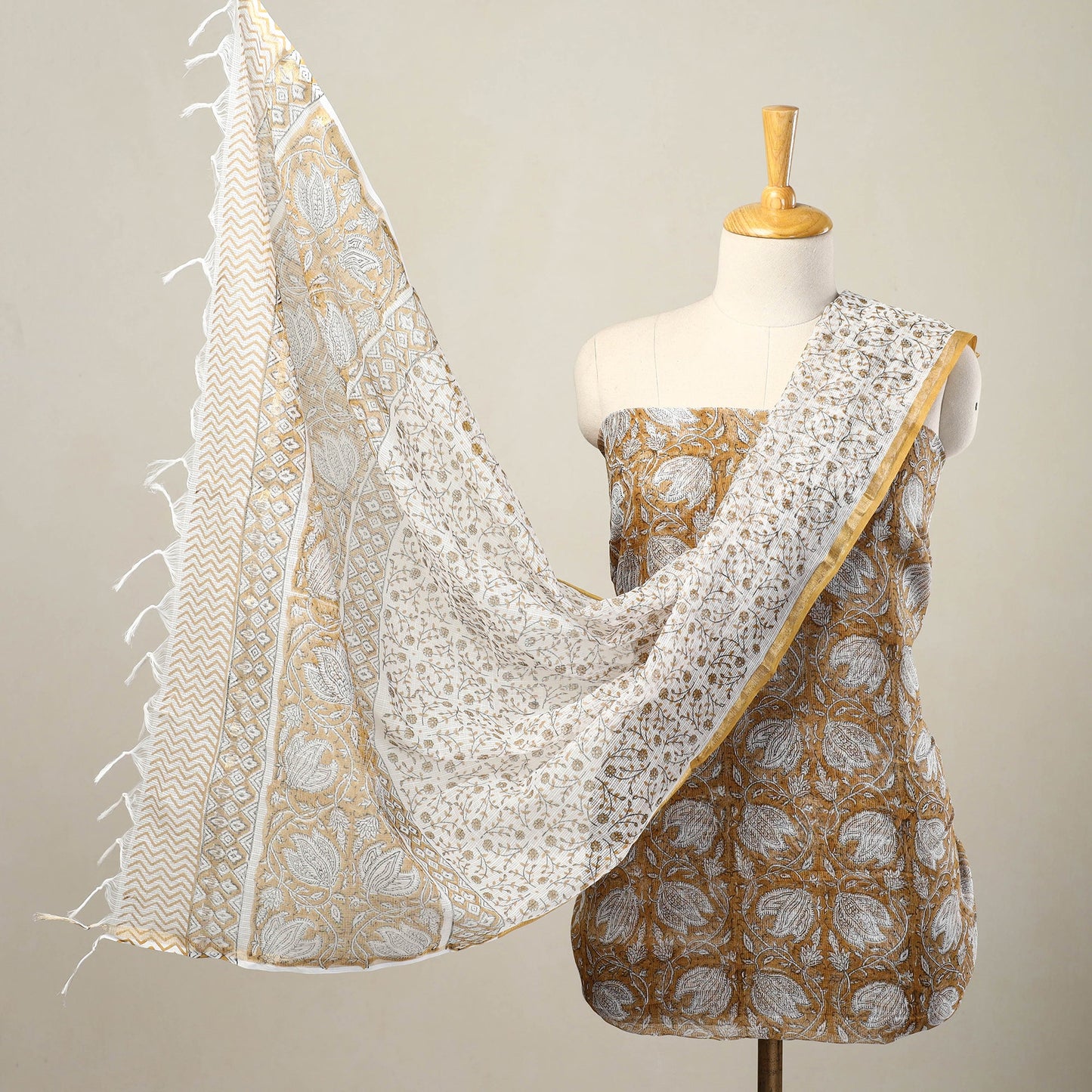 3pc Brown Sanganeri Block Print Kota Cotton Dress Material